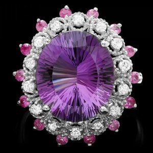 Jaqu De Lili Certified 14K White Gold 6.50 Amethyst 0.35 Diamond Pink Ruby Ring